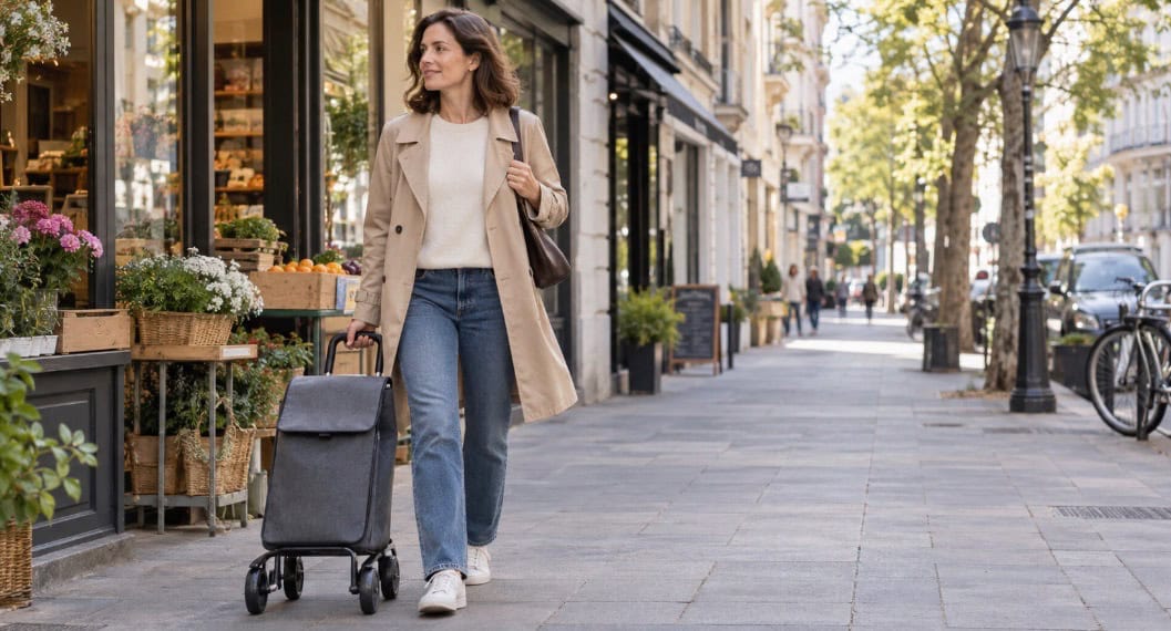 mujer con carro de la compra plegable